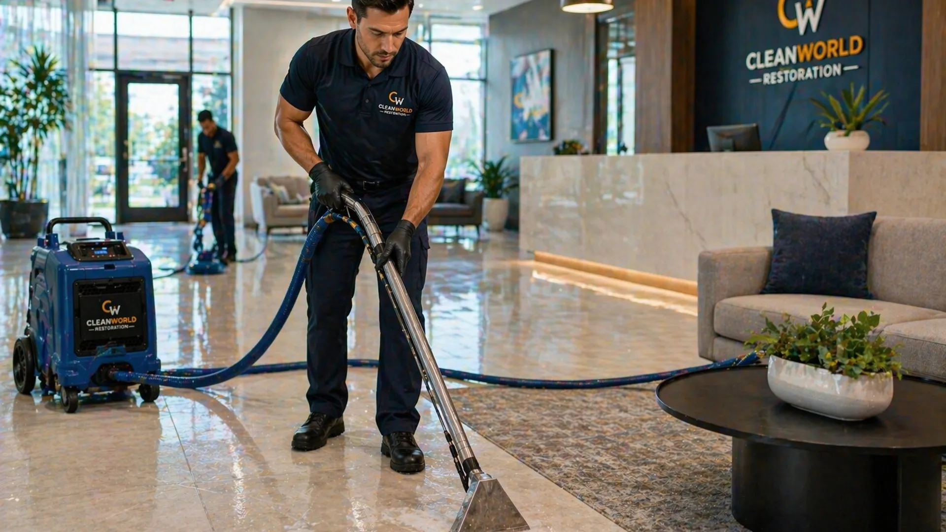 CleanWorld Restoration technician performing water damage restoration in a Memphis home